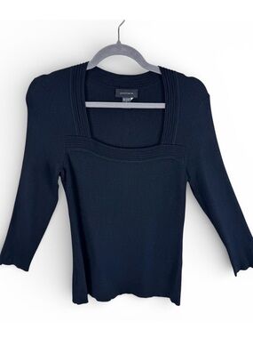 Pointelle Black Ribbed Knit Square Neck Top 3/4 Sleeve Sweater Size Large
